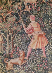 Um homem reunindo pêras com uma enxada, de &39;Jogo de amarelinha e colheita de frutas&39;, Loire Workshop, 1510 (tapeçaria)